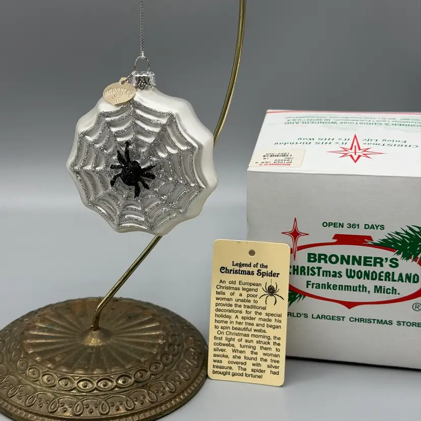 Bronner’s Christmas Wonderland Blown Glass Ornament Glitter Spider In Web with Box And Insert