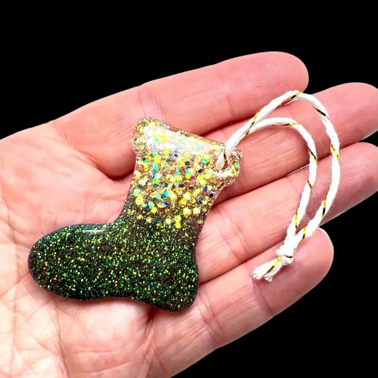 Handmade 1-3/4” Gold And Green Glitter Stocking Winter Christmas Ornament. Handmade by me 🫶