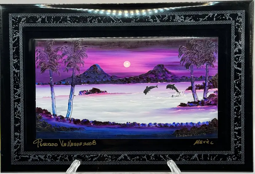 2008 Mexican Tropical Night Ocean Beach Scene Dolphins, Hand Painted Ceramic Tile, Signed By Carlos Qtn, Made In Puerto Vallarta Mexico