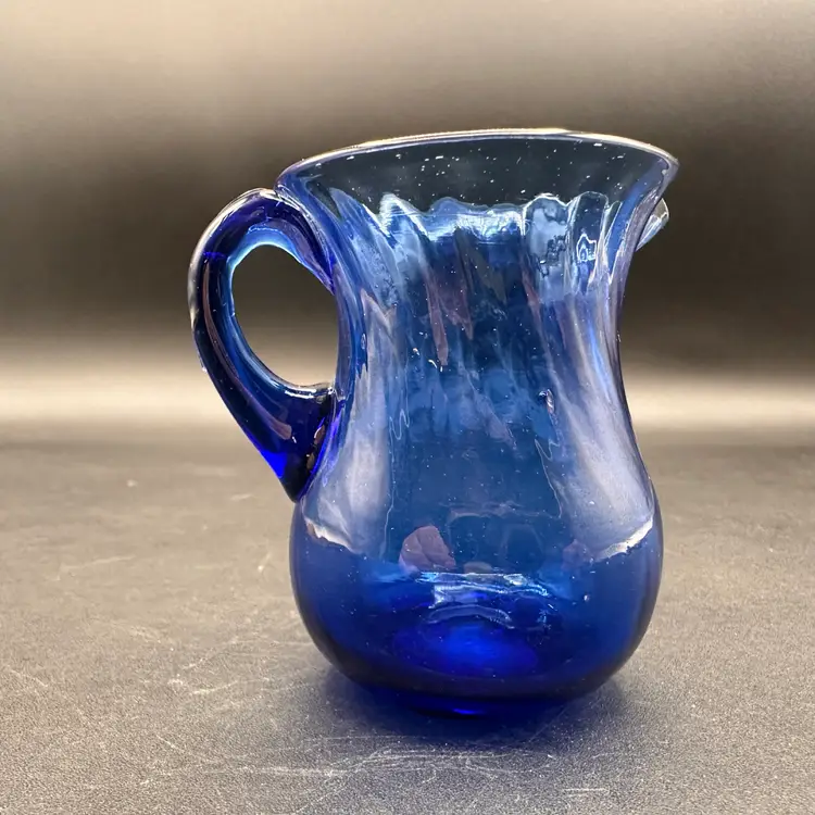 Miniature Colbalt Blue Swirl Optic Glass Pitcher 3”T Unsigned