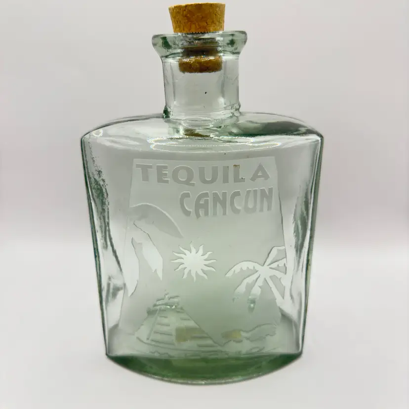Vintage Mexican LiCoreras Tequila Cancun Bottle with Cork, $400.00 Tequila, Barware Etched Palm and Pyramid Design, By LiCoreras, Made in Mexico
