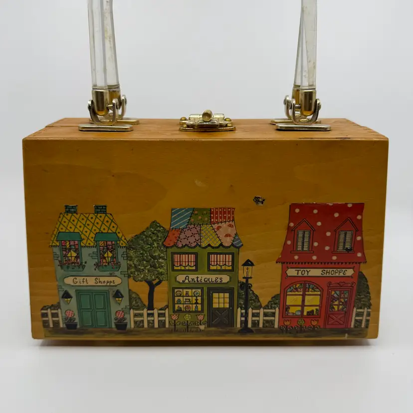 Vintage 70s Wooden Box Purse - City Scenes- Clear Lucite Handles Lined Inside