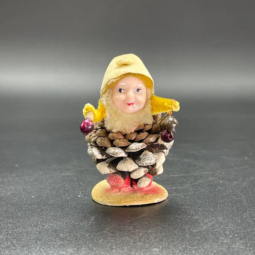 Shiny Brite Pinecone Chenille Mica Dwarf Elf Gnome Wax Face Hanging Christmas Ornament Japan Vintage