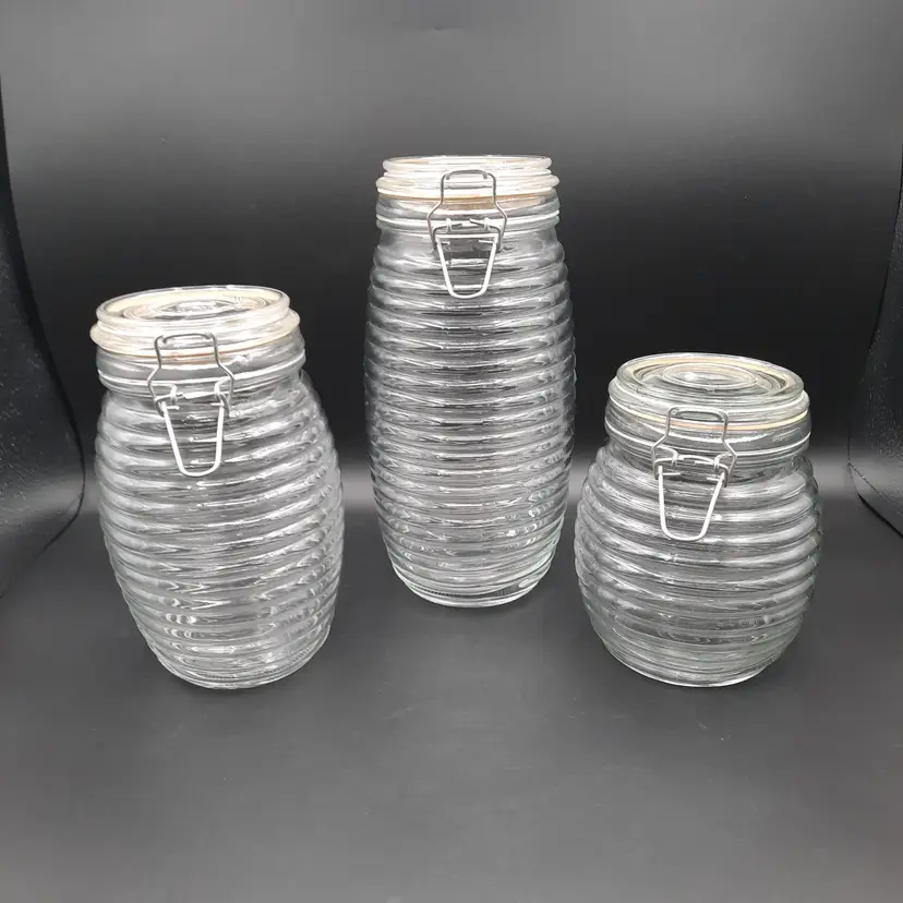 Vintage Beehive Ring Clear Glass Canister Storage Jars Set of 3