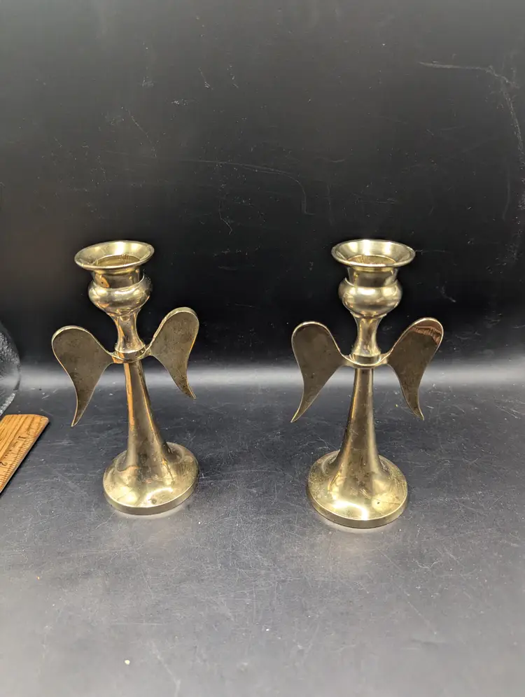 Vintage Brass Set of 2 Angel Wings Candle Stick Holders MCM.
