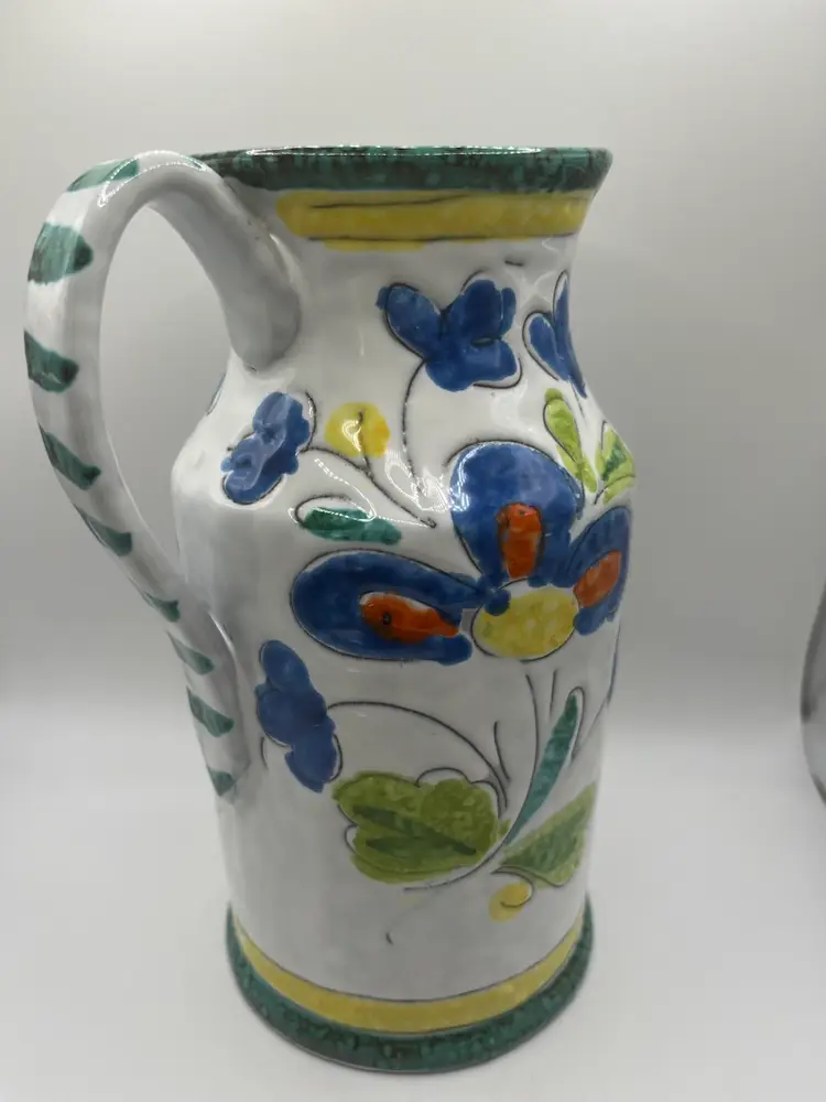 Italian Ceramic Pottery Pitcher Made In Italy Textured Floral Blue Orange Green Yellow
