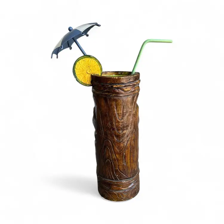 Wood Carved Tiki Man Candle Holder With Metal Straw And Umbrella