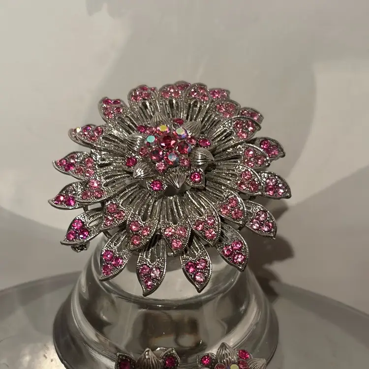 Vintage Beautiful Pink Rhinestone Brooch & Clip On Earrings