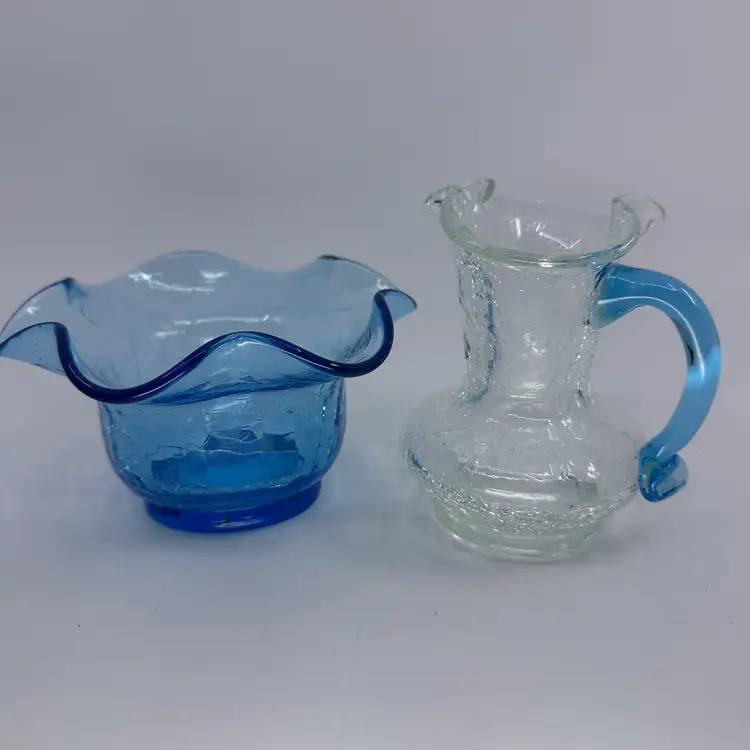 Crackled Glass Small Ruffled Top Bowl & Jug With Applied Handle