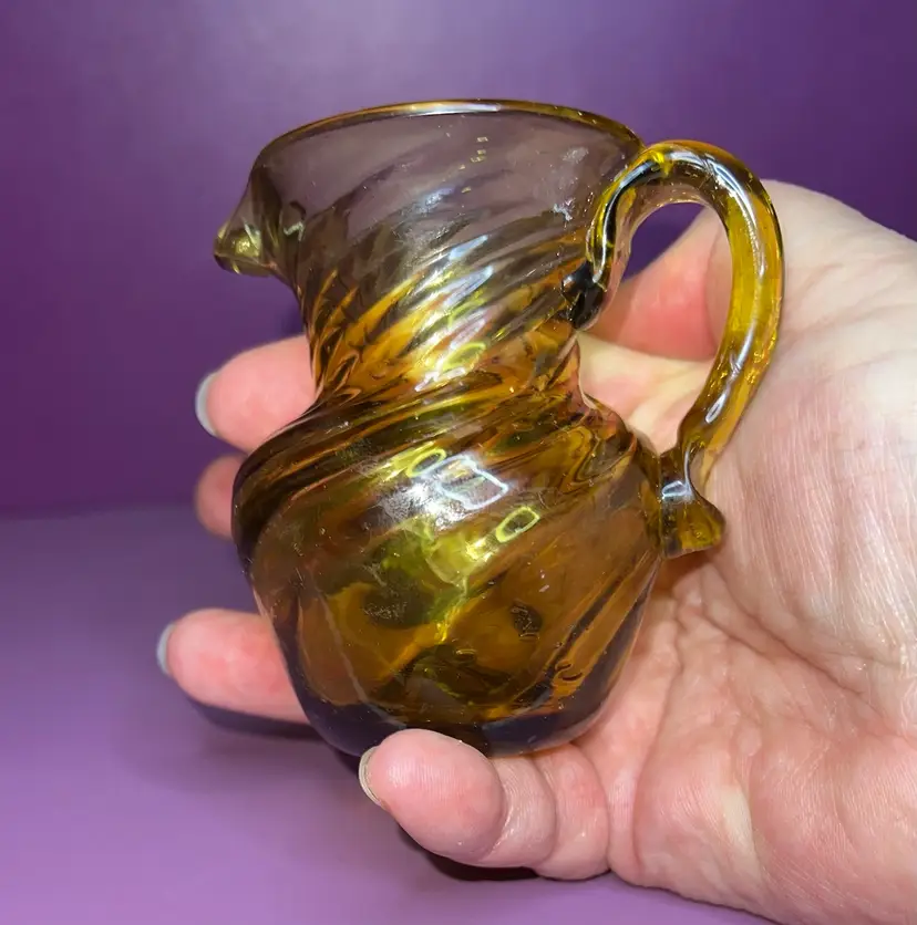 Vintage 3 1/2” Hand Blown Amber Swirl Pitcher Creamer