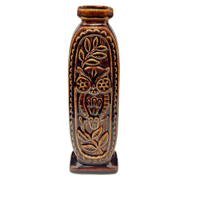 Handmade Studio Pottery Slender Vase, Owl on Branches, 7.2", Brown Glaze, Signed