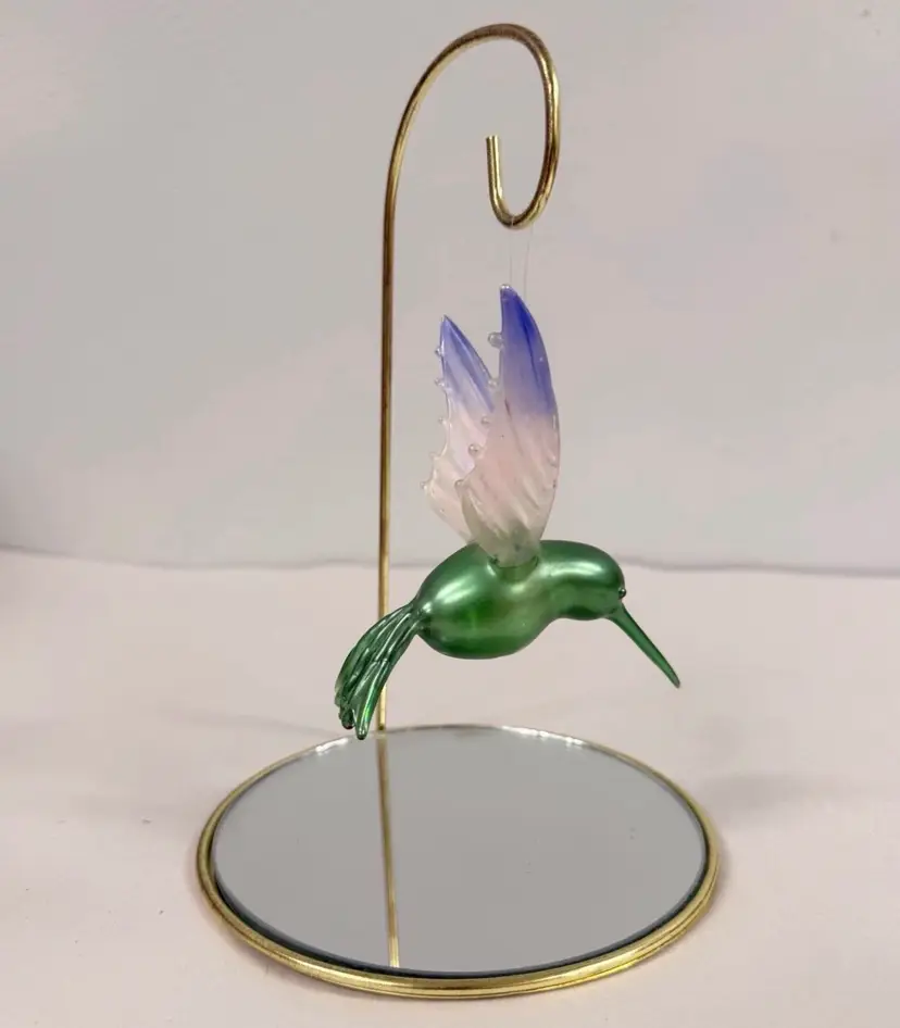 Hand Blown Glass Hummingbird Ornament & Golden Tabletop Ornament Stand W/ Mirror