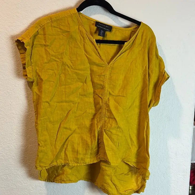 Tahari Medium Linen Mustard Yellow Tunic Top Shirt