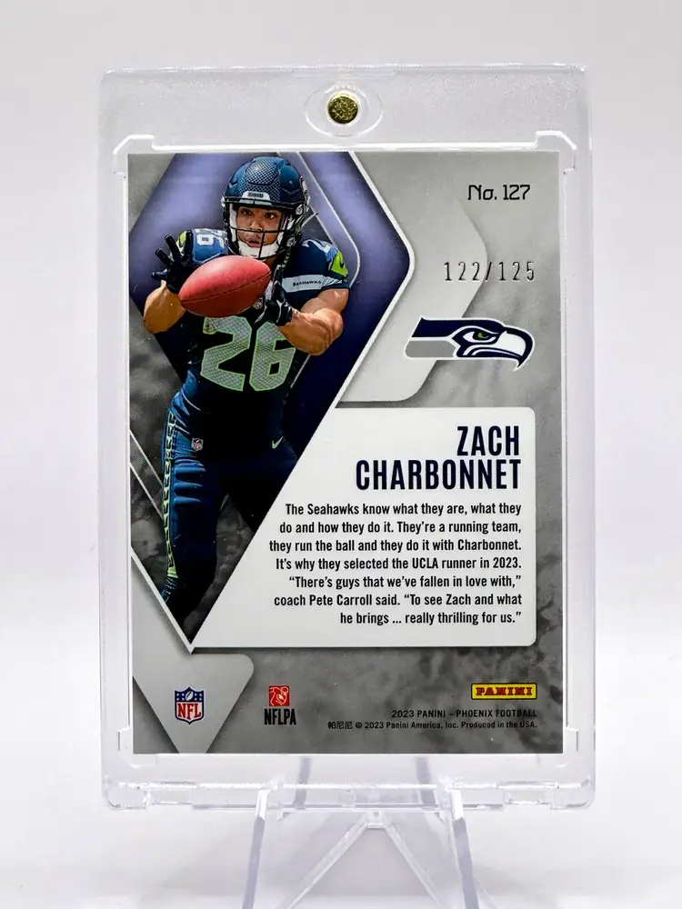 Zach Charbonnet 2023 Phoenix Rookie Numbered /125 Purple Seismic Prizm Seattle Seahawks
