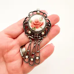Vintage Rose Brooch Pendant Hand Painted Faux Pearl Accents Silver Tone and Porcelain 3" B25