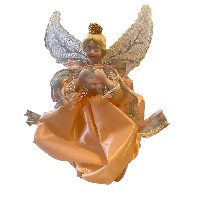 vintage Christmas angel tree topper, featuring porcelain hands and head, designed to sit atop a tree or table. Peach