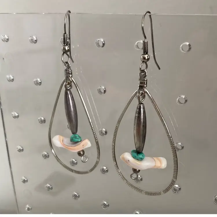 Vintage Southwestern Silver, Turquoise And Fetish Shell Bird Earrings