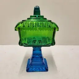 Vintage Green & Blue Pressed Glass Pedestal Candy Dish w Lid Two Tone