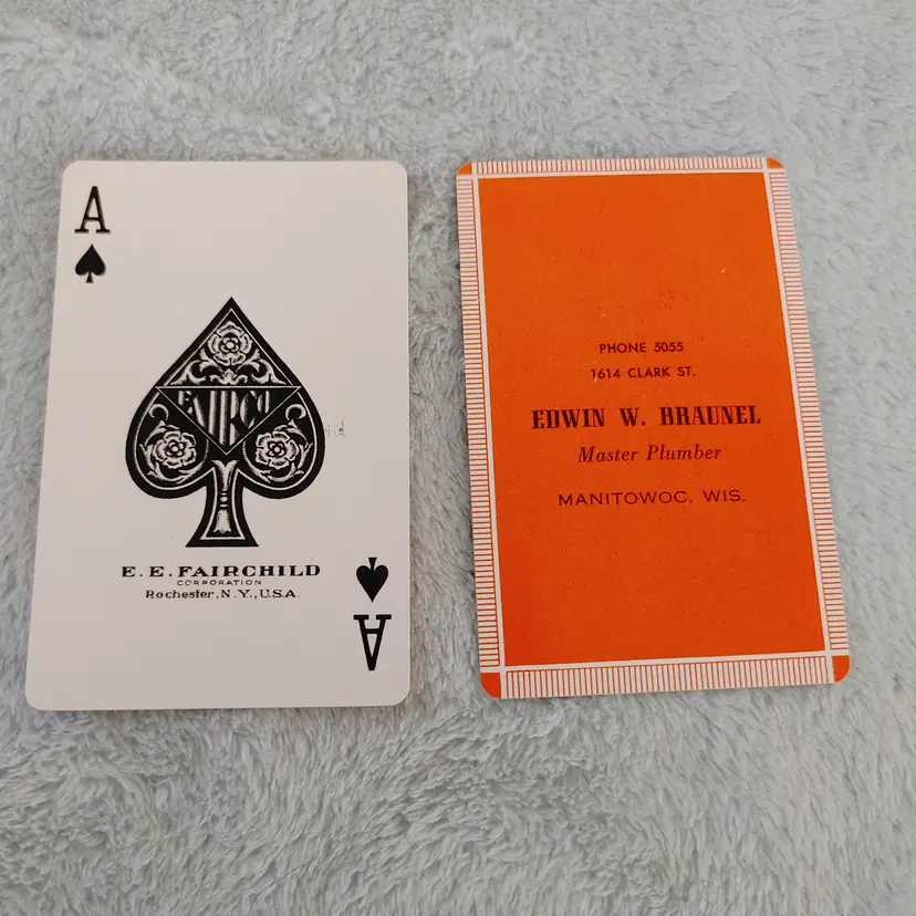1 Single Swap Card - Playing Card. Edwin W Braunel Master Plumber. Ace of Spades. 1930's. EE Fairchild. Made in NY. Dimension 2.5 x 3.5. Read description.
