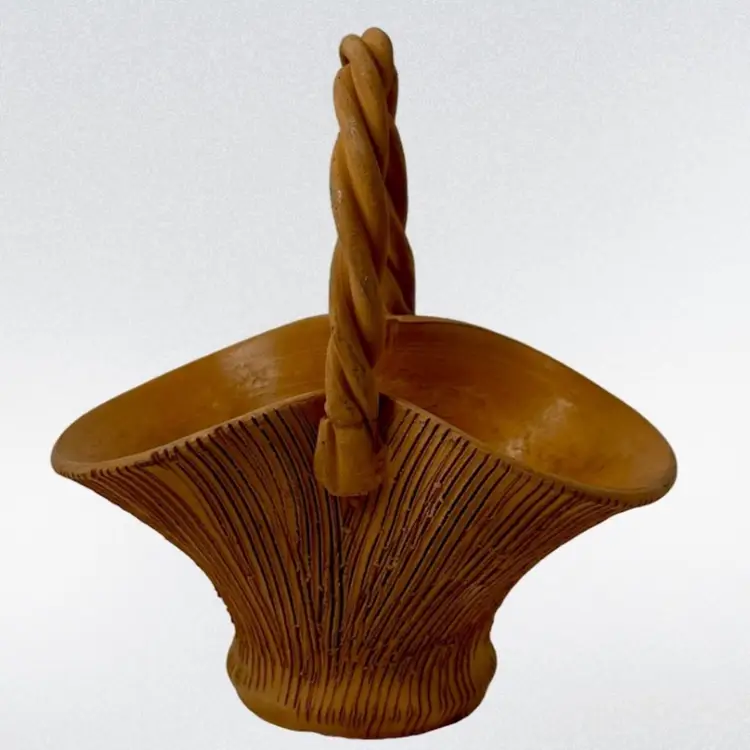 Vintage Textured Clay Pottery Basket with Twisted Rope Handle Italy
6.25” T x 4” W