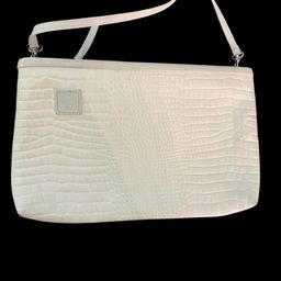 Vintage Leather- Purse/ Handbag/ Clutch-Ivory Croc Pattern-Embossed-Anne Klein for Calderon-- Shoulder Bag – Rare Off-Center Logo- 11.5x7.5”