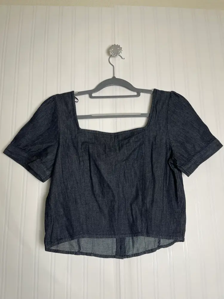 Express Women's Denim Square Neck Crop Blouse Blue S Chic Boho Feminine