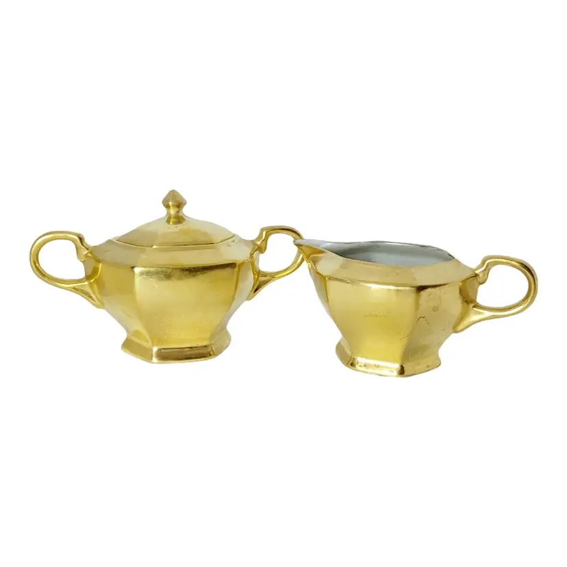 Vintage Gold Tone German Porcelain Sugar And Creamer Set