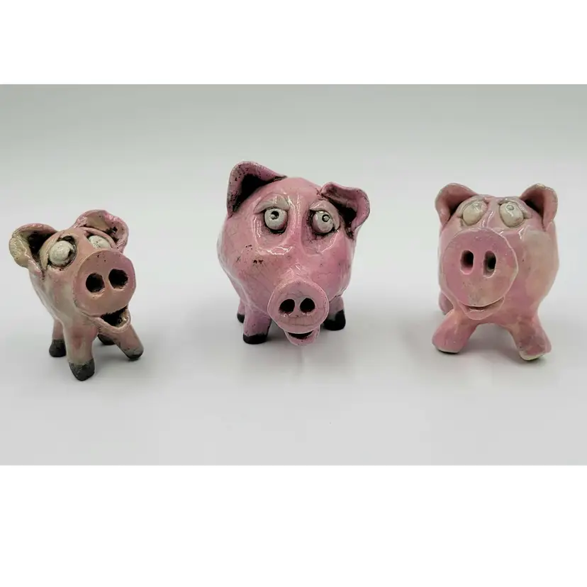Set Of 3 Hand Sculpted Pink Glazed Pottery Pig Figurines Unsigned