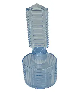 Vintage Art Deco Blue Glass Perfume Bottle with Stopper • Geometric Ribbed Vanity Bottle • Depression Glass Style