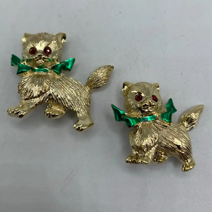 Vintage Gold Tone Kitten Brooches With Jeweled Eyes, Set Of 2!