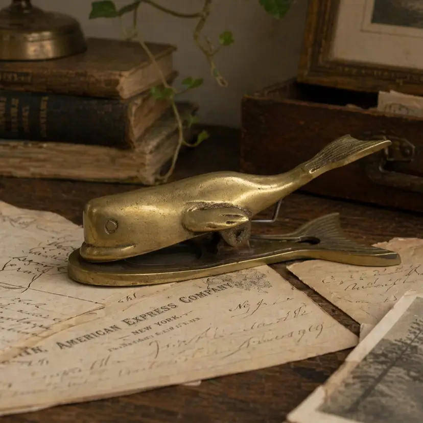 Vintage Brass Whale Table Paper Clip Wall Note Holder
