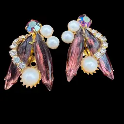 vintage purple rhinestone clip-on earrings with faux pearls