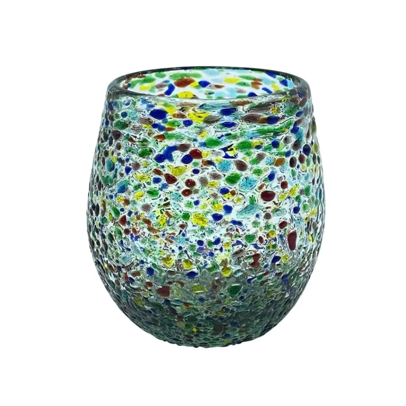 Confetti Glass Stemless Wine Tumbler Candle Holder Handmade Mexico