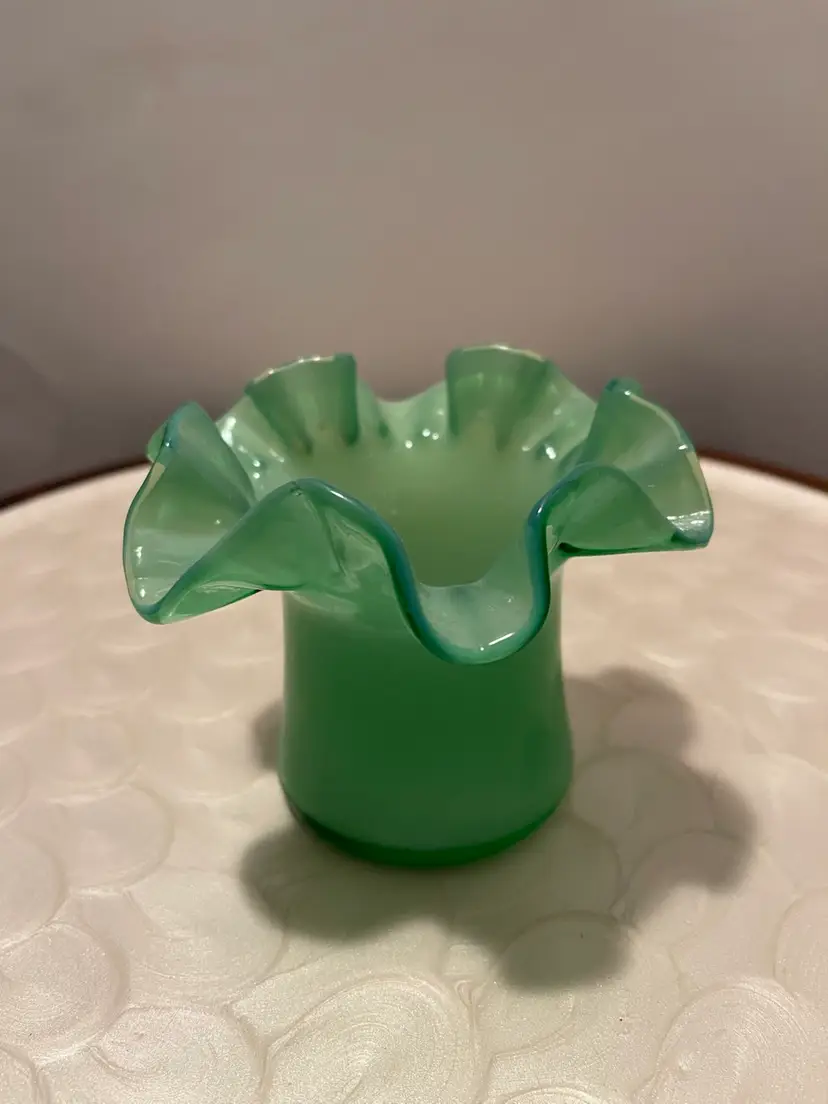 Fenton Green Overlay Ruffled Hat Vase