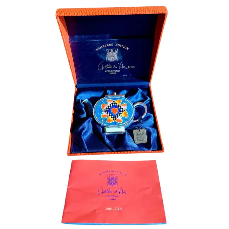 ‘99 Charlotte Di Vita Miniature Enamel Teapot, Heart Quilt, with Box
