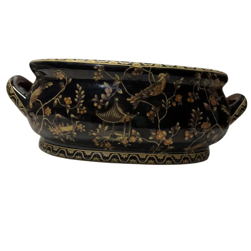Vintage Large Chinese Black & Gold Satsuma Foot Bath Planter Pot Birds & Florals
