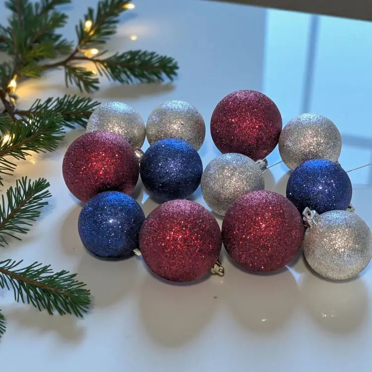 Lot of 12 Shiny Sparkle Christmas Glitter Ornaments Winter Balls Bulbs Vintage