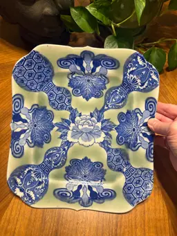 Hand-Painted Japanese Arita Sometsuke Plate | Blue & White Porcelain Square Serving Dish | Peony & Gourd Chinoiserie Motif, Circa 1910s