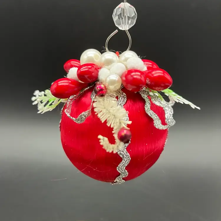 VTG Satin Red Ornament - Upcycled Pearls, Vintage Bottle Brush & Berries - Handmade By Me