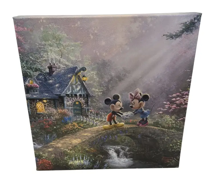 Thomas Kinkade Studios Mickey & Minnie Sweetheart Bridge 14 x 14 Canvas Wrap
