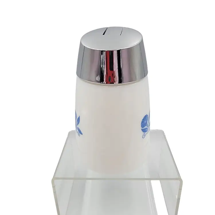 Dispensers Inc. Milk Glass Sugar Dispenser With Chrome Lid Blue Morning Glory Pattern