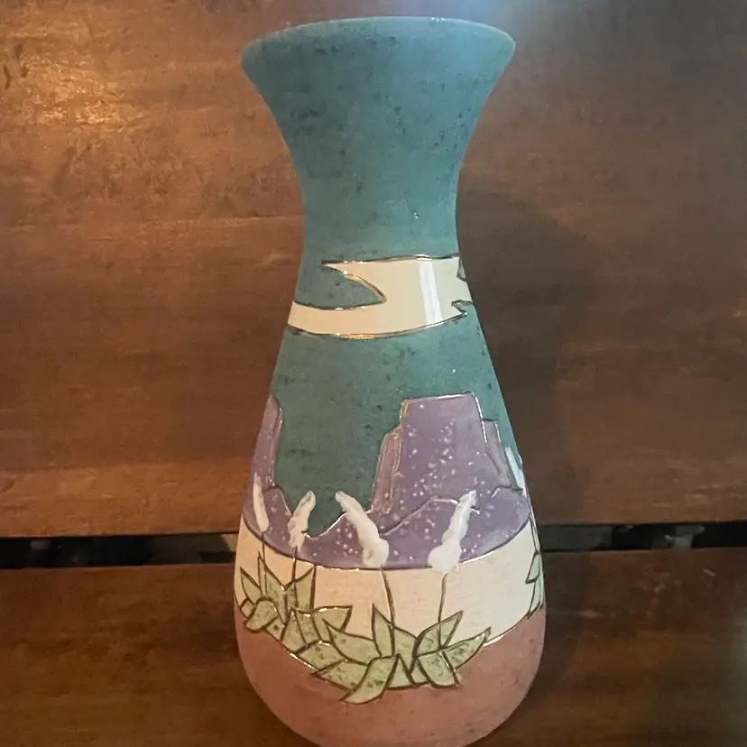 Vera Russell pottery vase with gold inlay trim