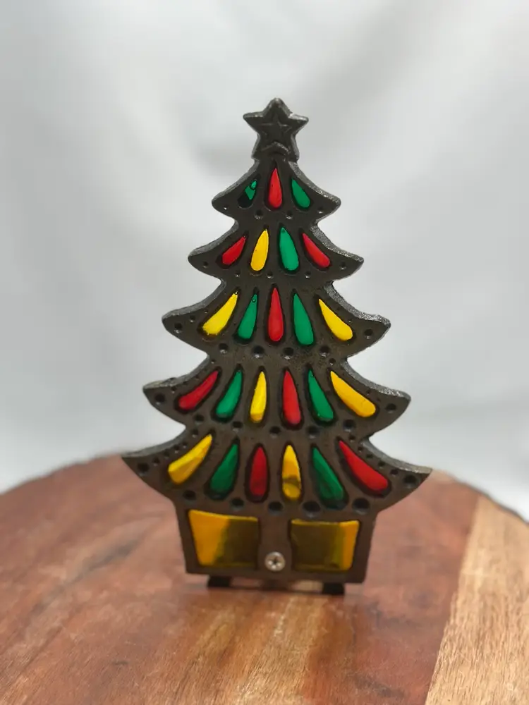Vintage Stained Glass Cast Iron Tree Candle Holder Holiday Christmas