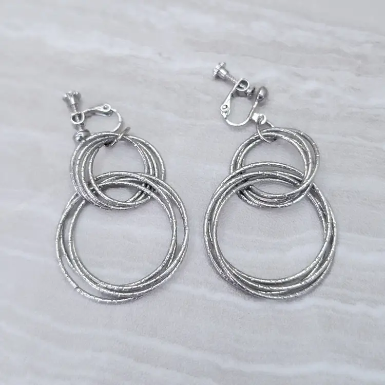 Vintage Clip On Earrings Long Dangle Textured Silver Tone Interlocking Circles