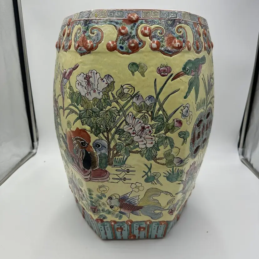Chinese Garden Stool Pottery Koi Fish Ducks Hand Painted Etched Flaw  Hexagonal 