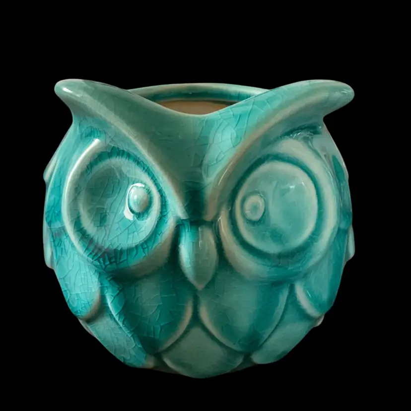 Ceramic Teal Owl Planter w/Drainage Hole 4.5” x 5.5”