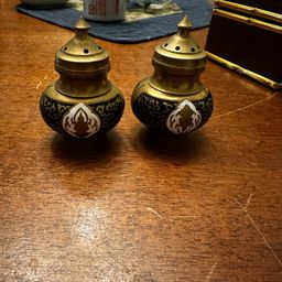 Vintage Enameled Cloisonne Enamel & Brass Salt & Pepper Shakers Buddhist Buddha
