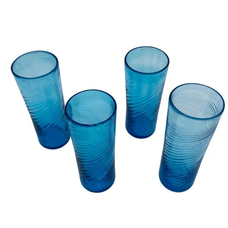Set of 4 - Hand-Blown Deep French Blue Glass Tumblers, Swirl Optic Pattern