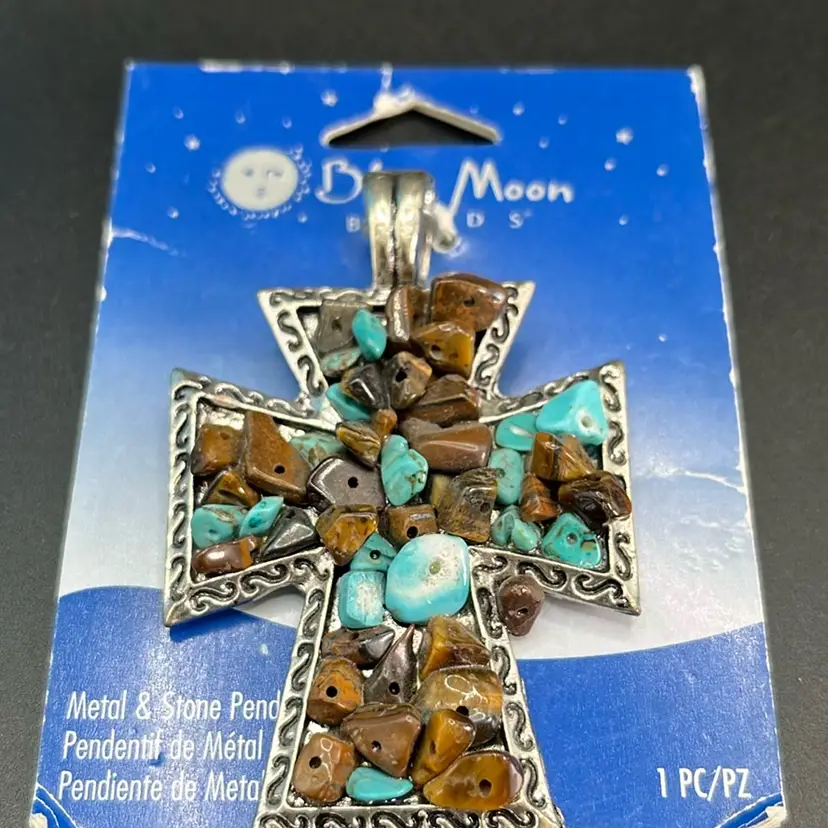 Blue Moon, Cross Pendant, Tigers Eye & Turquoise Stone, New On Card 2 3/4” Long
