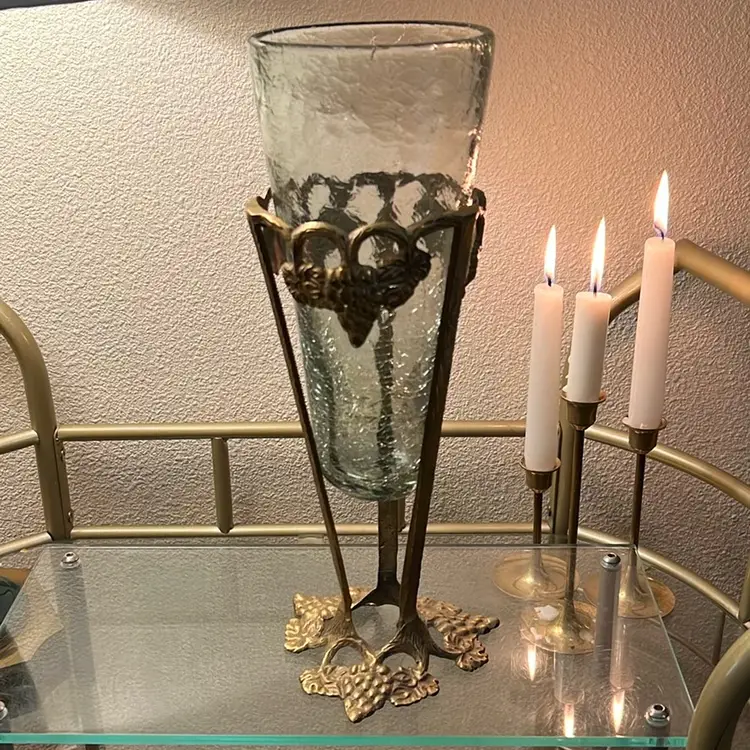 Vintage India Crackle Glass Vase W/ Brass Sculpted Grapes & Leaves Stand 9” Tall Vase 12” With Stand